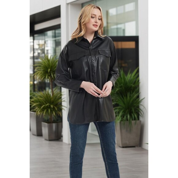 🆕 Women Black Faux Leather Jacket Loose Fit Spring Fall Casual Lapel Shirts - Picture 3 of 7